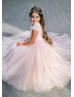 Pink Floral Appliques Tulle Romantic Flower Girl Dress